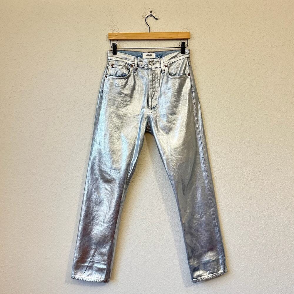 AGOLDE 90s Pinch Waist Jeans Silver Metallic High Rise Straight NWT
